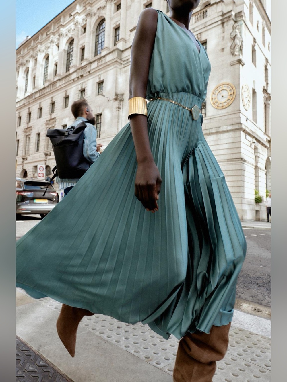 Zara Pleated Tortoise Green Maxi Dress with Gold Waist Chain